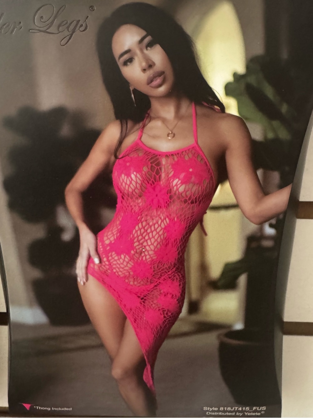 Yandy Bright Pink Crochet Halter Chemise